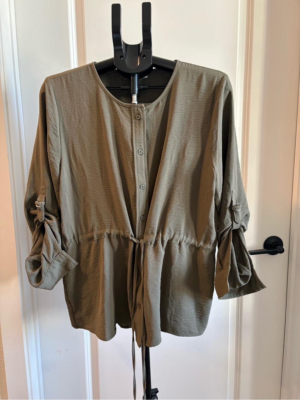 Calvin Klein Olive Drawstring Button-Front Women’s Top